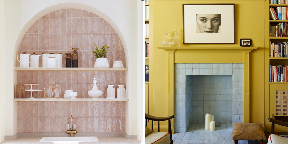 (Left) Vertical Salcombe rose crackle metro tiles, (Right) A yellow and grey tile, colour-blocked fireplace